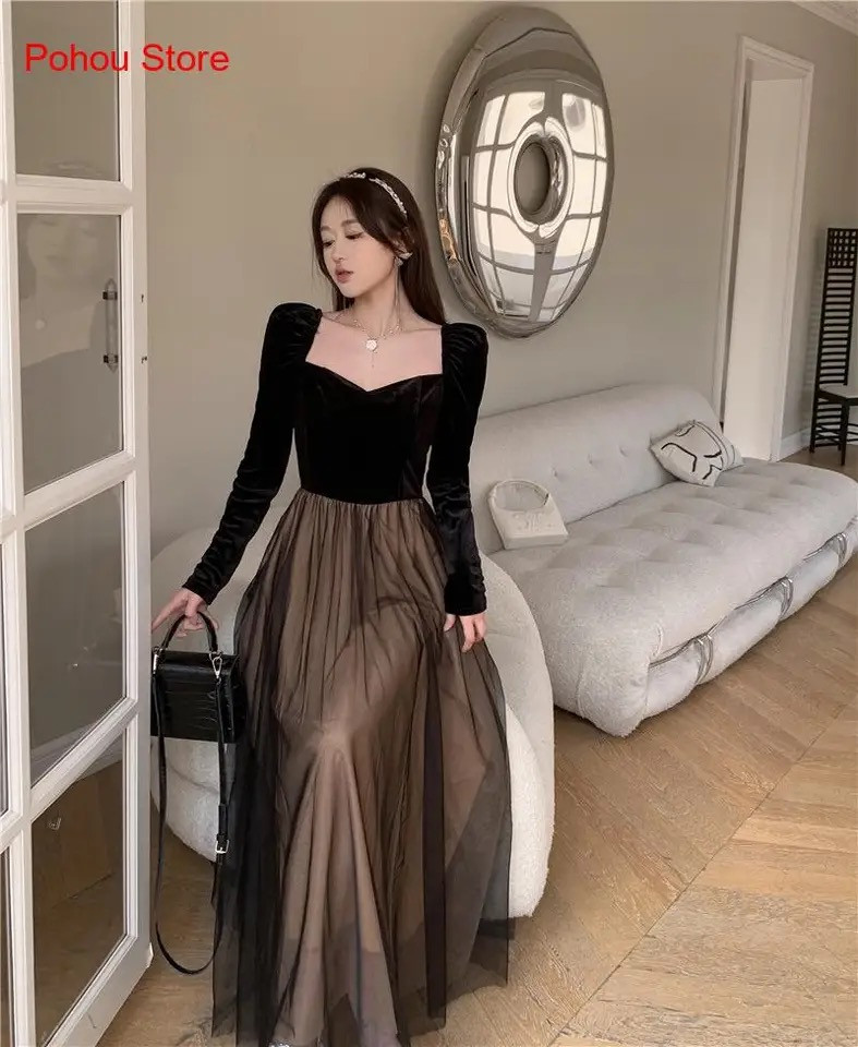 Elegant Mesh Patchwork Long Sleeve Party Dress