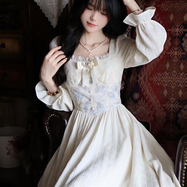 Vintage Victorian Style Fairy Dress Woman Summer Jacquard Embroidery Bow Puff Sleeve Sweet Princess Dress