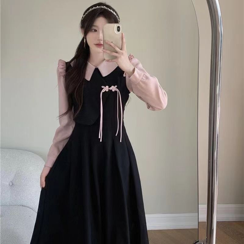 Elegant Doll Collar Black and Pink Temperament Mid Length Dress
