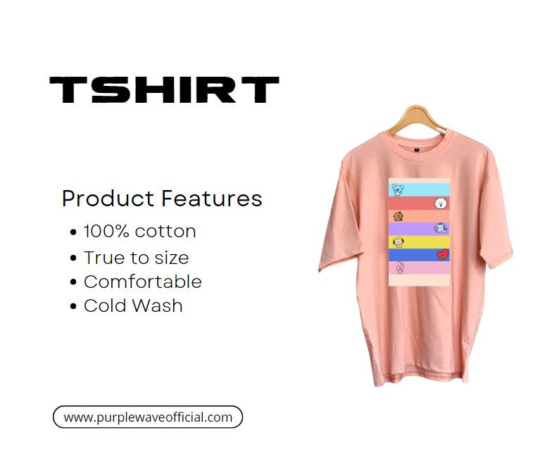 BT21 CARTOON DTF PRINTED DROP SHOULDER CASUAL T-SHIRT