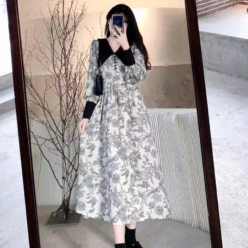 French Style Elegant Black & White Floral Midi Dress