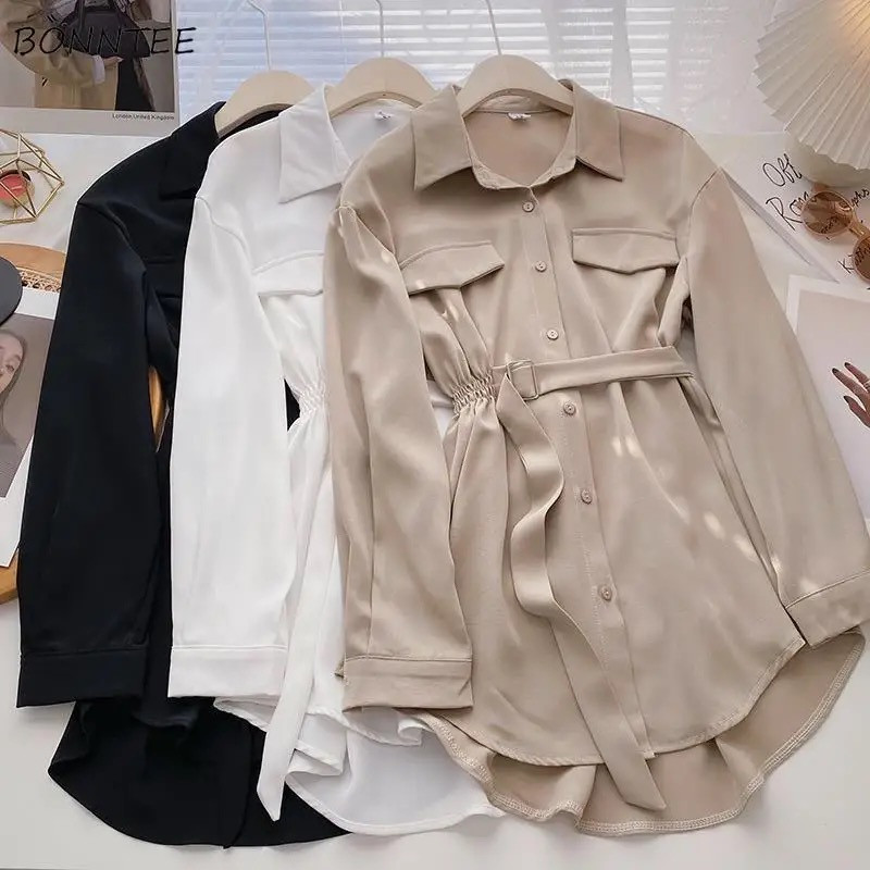 Elegant Lace Up Long Shirt Coffee