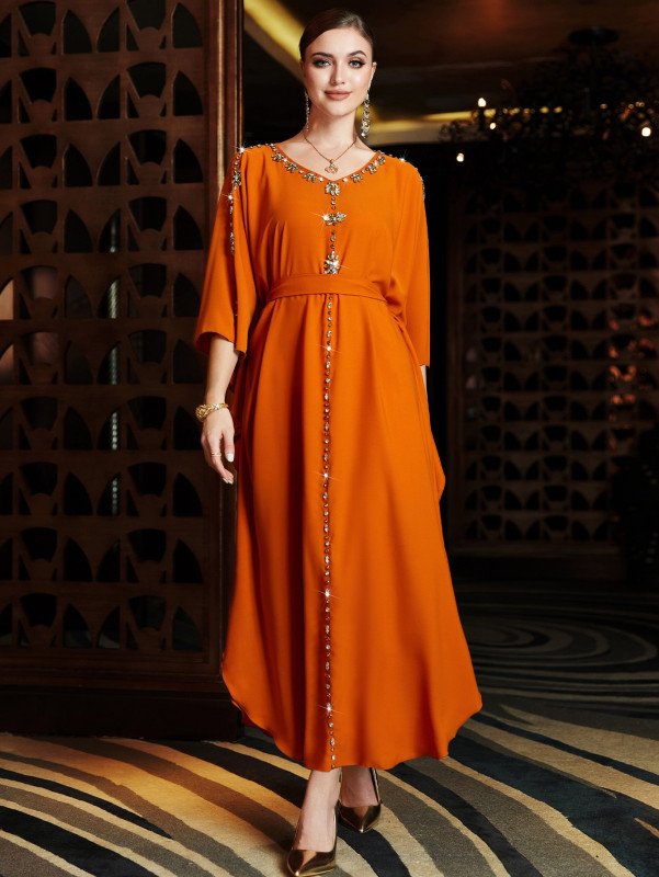 Women's Luxurious Elegant Party Orange Floral Decal Long Sleeved Charming Kaftan Jalabiya Arabic plain dress