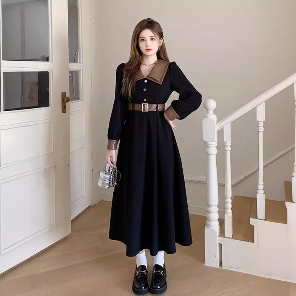 Elegant Polo Neck Corduroy Retro Long Winter Dress
