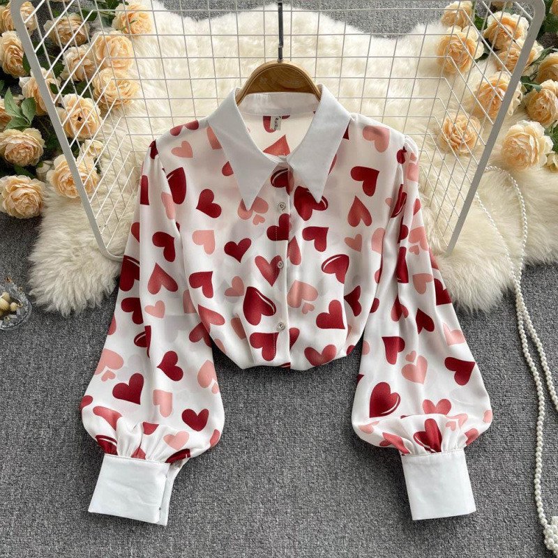 Love Heart Printed Long Sleeved Chiffon Shirt