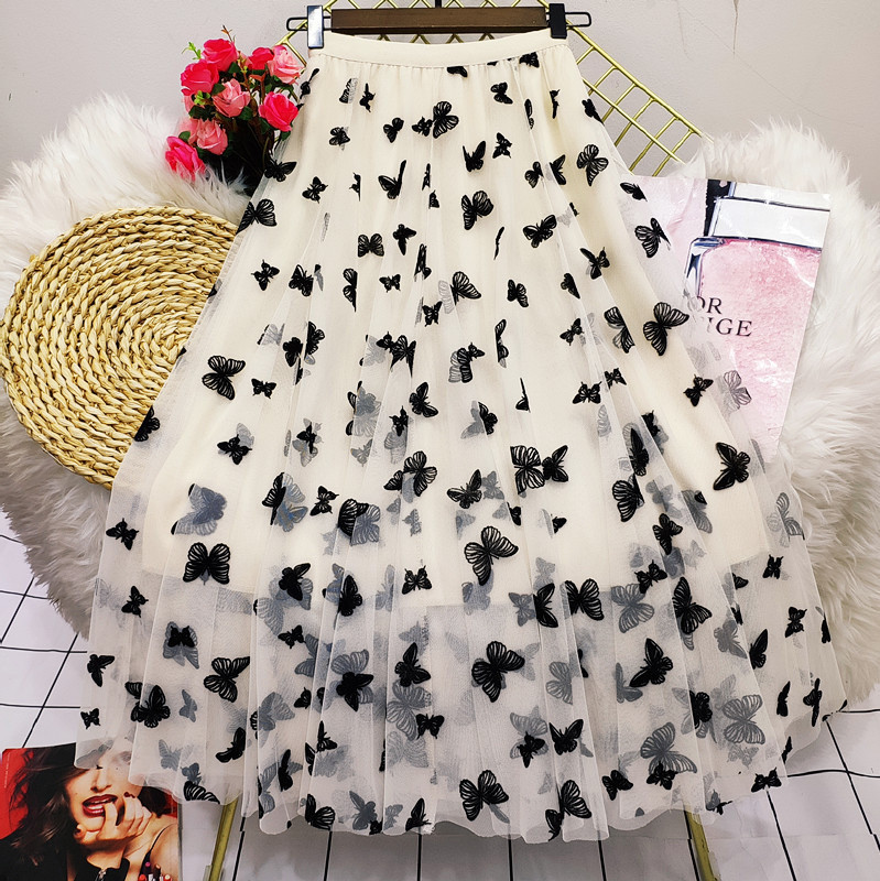 Butterfly Flocking Tulle Midi Mesh Skirt