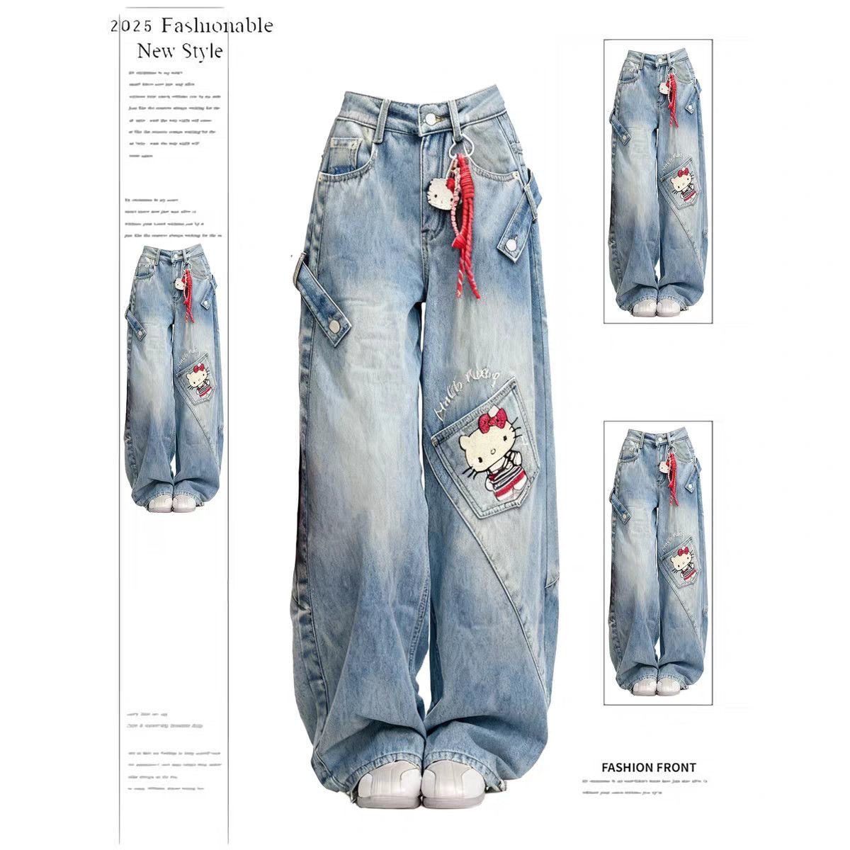 Hello Kitty Embroidered Straight Loose Denim Jeans Pant