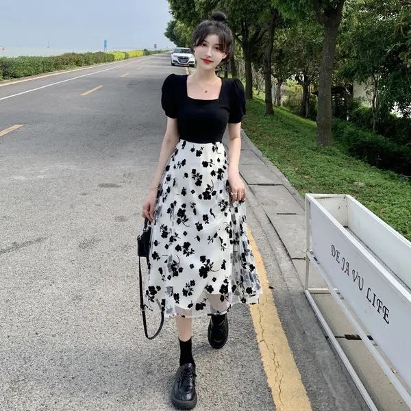 Black & White High Waist Long Midi Dress