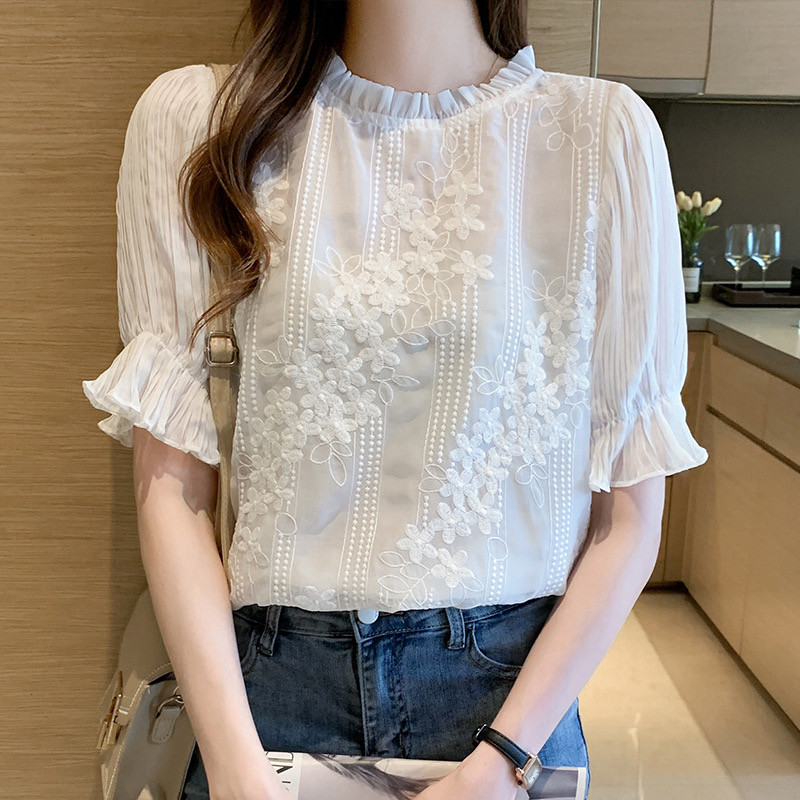 Summer Fashion Short Sleeve White Embroidery Chiffon Tops