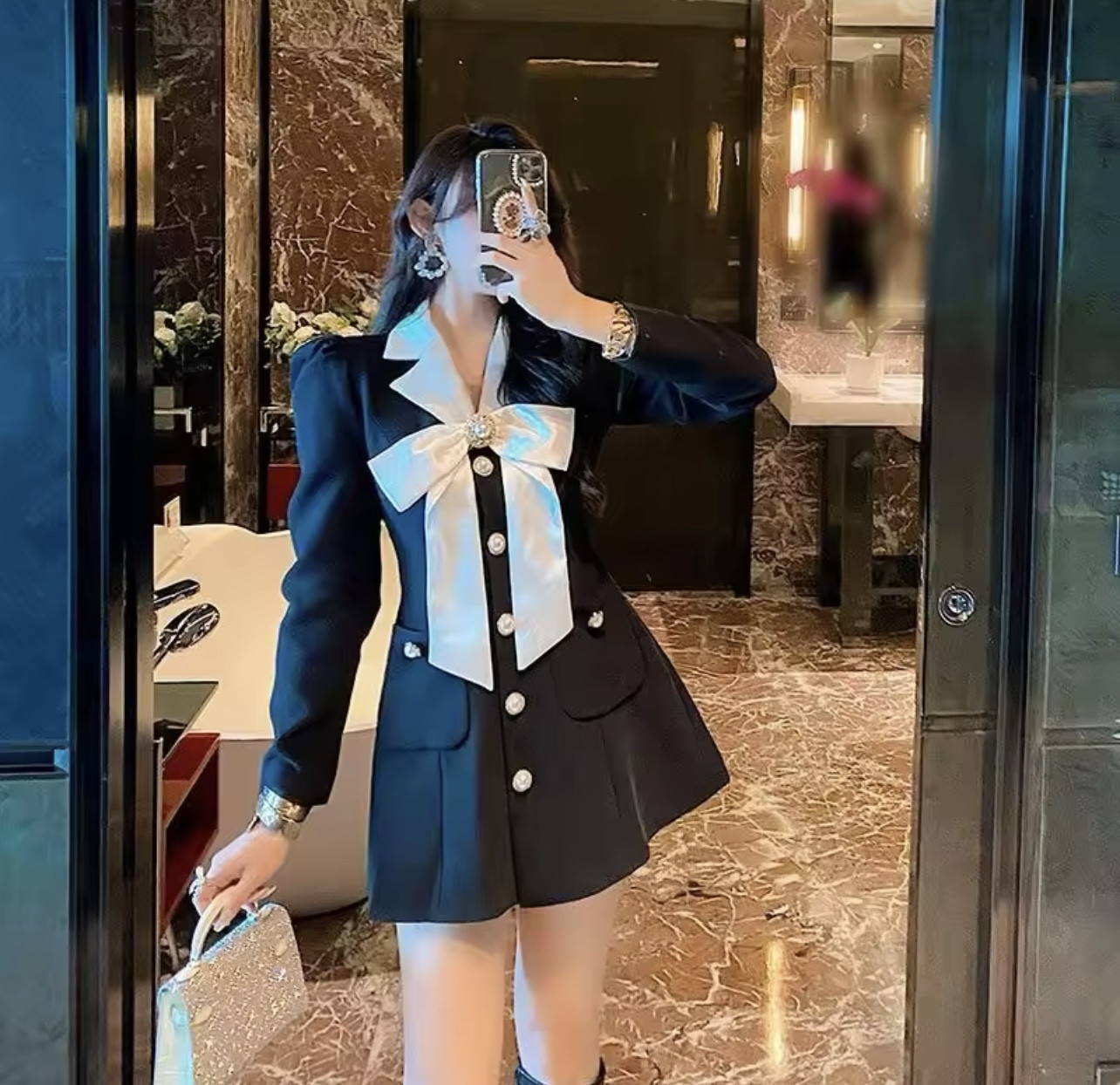 Black Elegant Notched Bow Stylish Coat