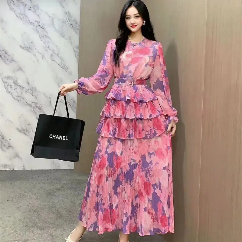 Elegant Flower Printed Long Cake Dress