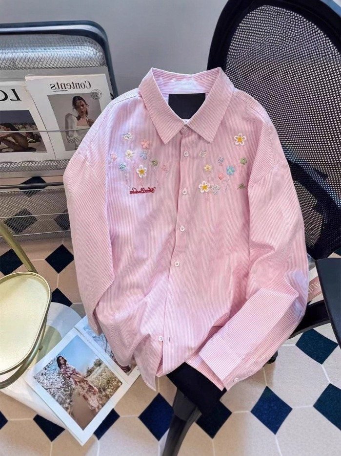 Women Long Sleeve Floral Embroidery Striped Loose Casual Striped Shirts