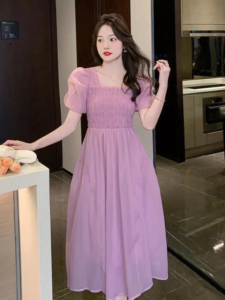 Bubble Sleeve Elastic Waist Solid Summer Long Dress
