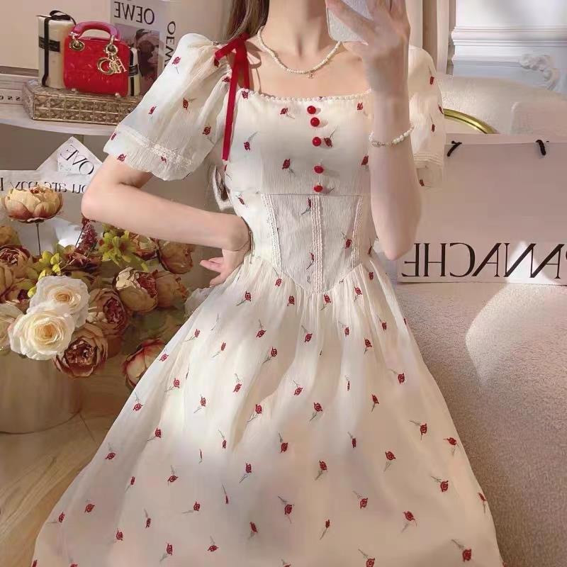 Lace Chiffon Short Puff Sleeve Elegant Dress