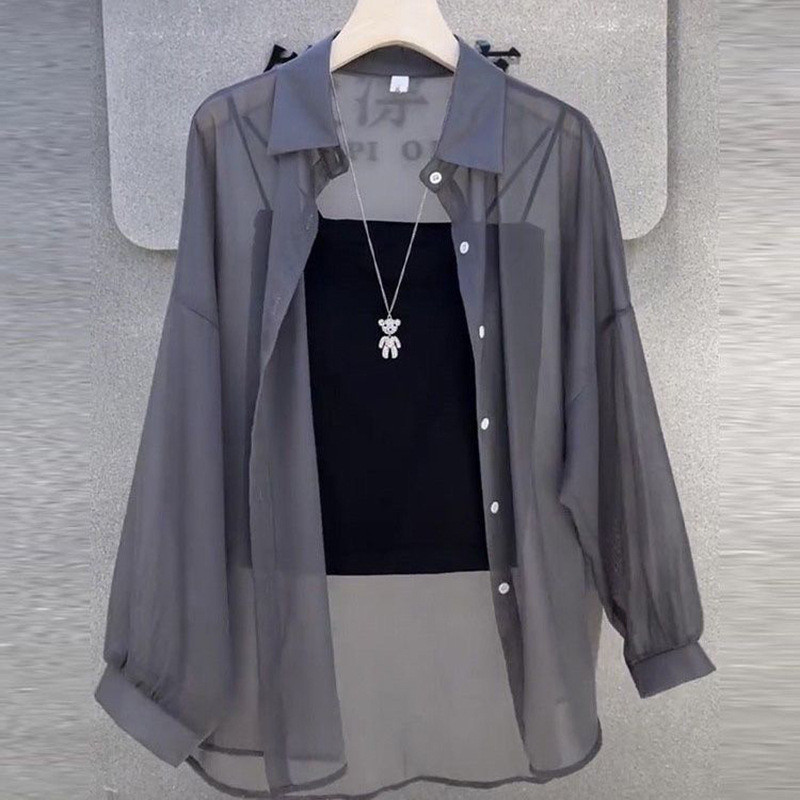 Turn Down Collar Transparent Loose Shirt