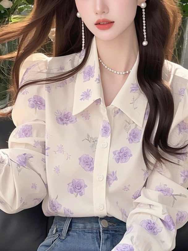 Korean Fashion Floral Printed Chiffon Shirt
