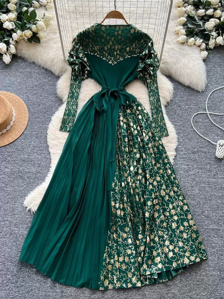 Elegant Floral Patchwork Robe Puff Sleeve Beading Tunic Pleated Dress