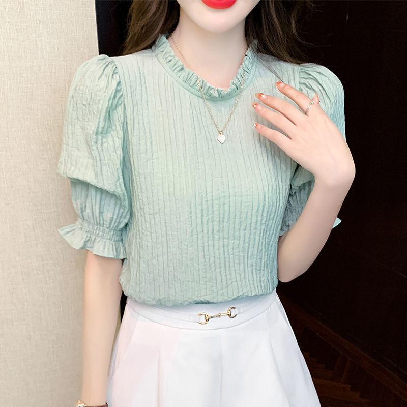 Solid Color Round Neck Chiffon Shirts