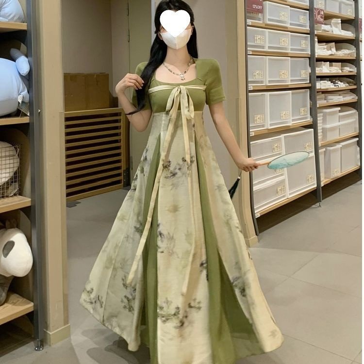 ElegantTunic Lace Up Aesthetic Design Long Green Dress