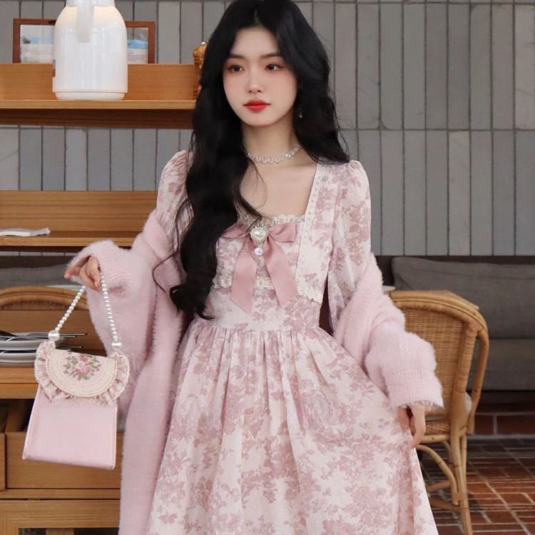 French Style Elagant Fashion Pink Bow Floral Dress