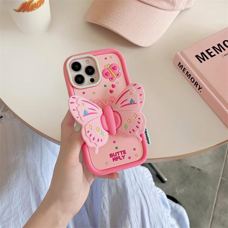 iPhone 11 12 13 14/15 16 Pro Max 3D Cute Cartoon Butterfly Soft Silicone Phone Case Back Cover Skin Shell With Holder Stander