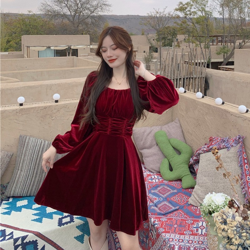 Solid Pleated Elegant Velvet Evening Party Dress