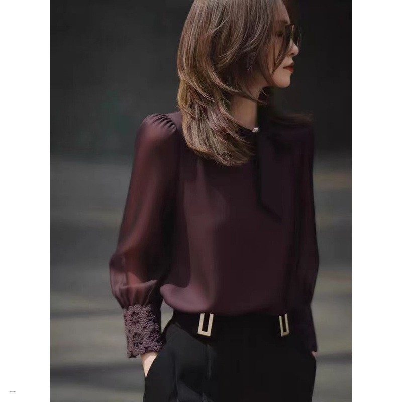 French Style Bow Tie Elegant Dark Purple Retro Top Shirt