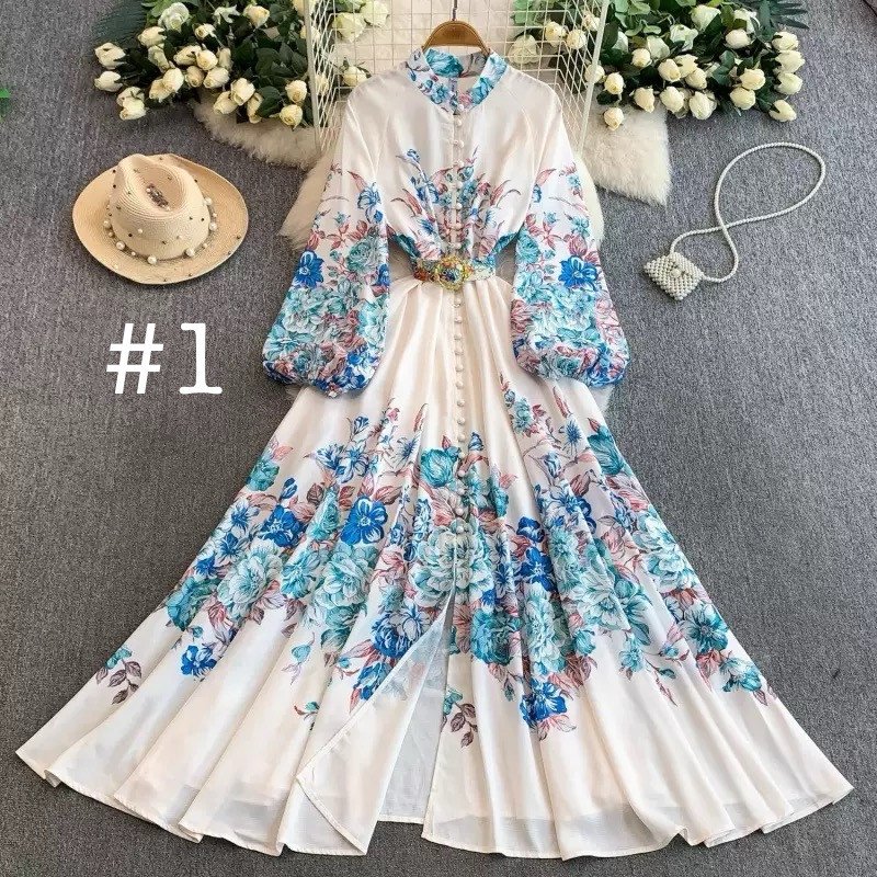 Fashion Niche Retro Court Style Floral Printed Long Dress