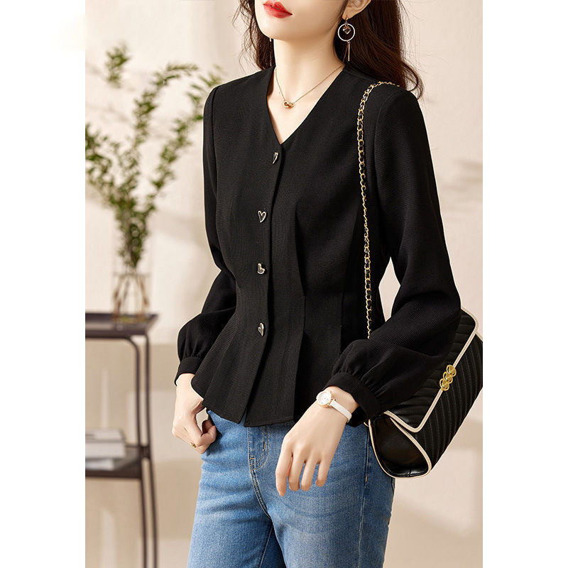 Solid Color V-Neck Elegant Button Tops