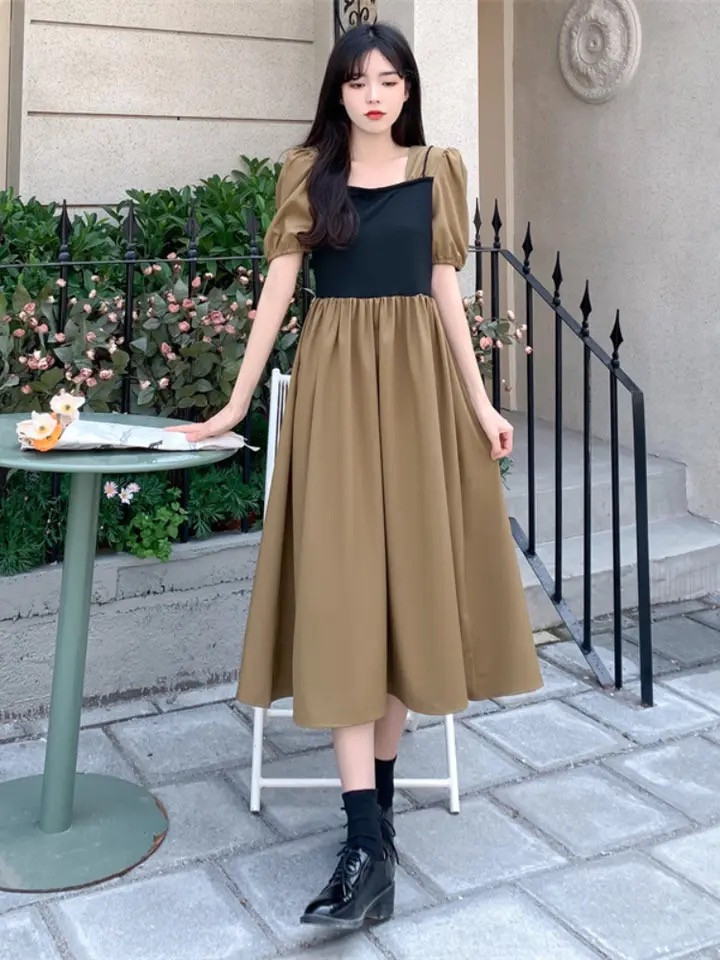 Solid Color High Waist Princess Dress