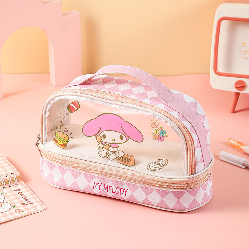 Kawaii Cartoon Design Large Capacity  Double Layer Transparent Pencil Bag