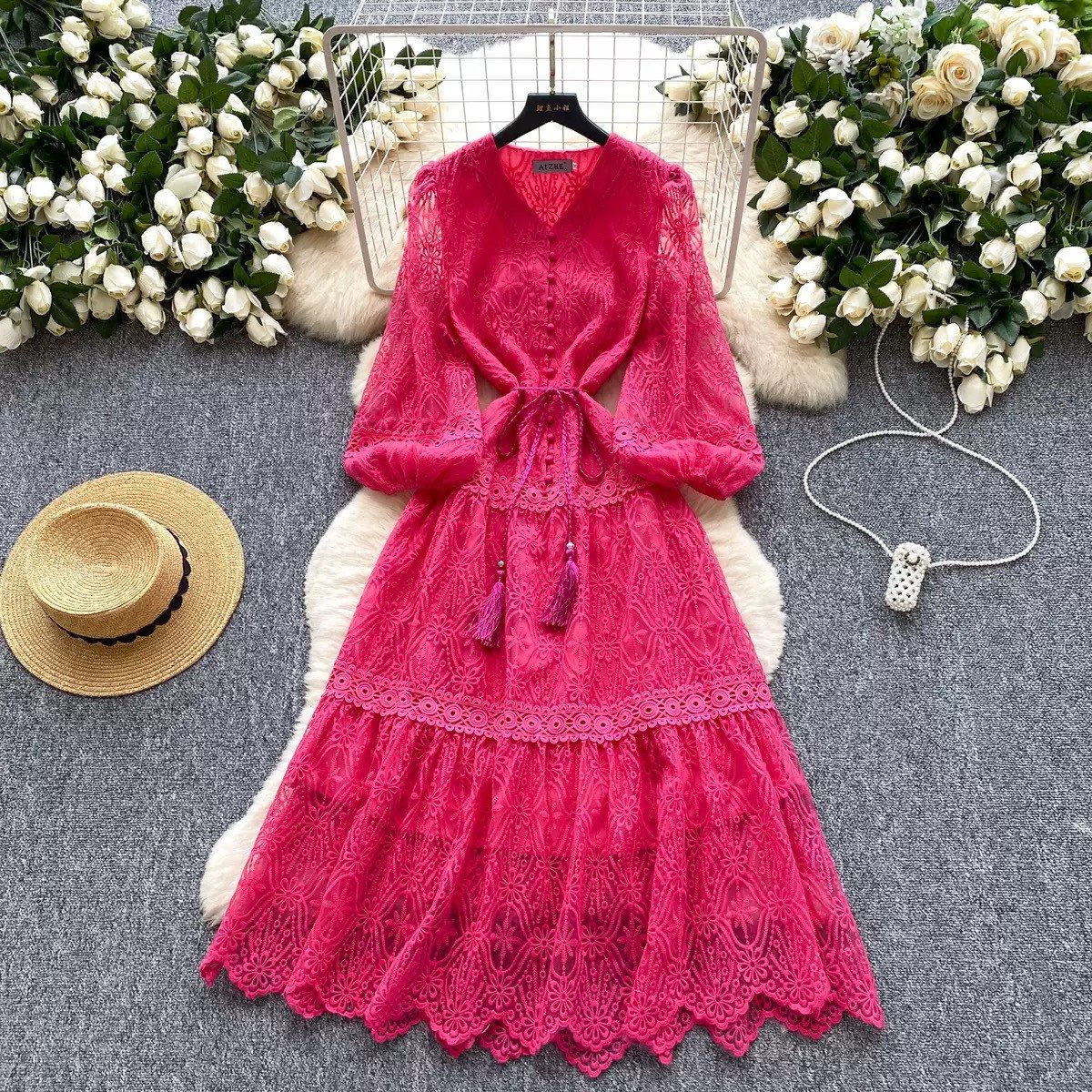 Beach Lace embroidery Midi Summer Solid V-neck sashes dress