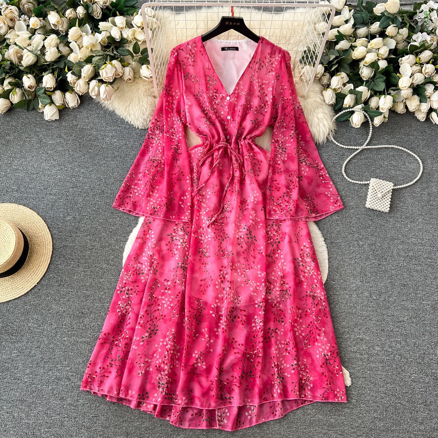 Sexy V-Neck Floral Chiffon Midi Dress