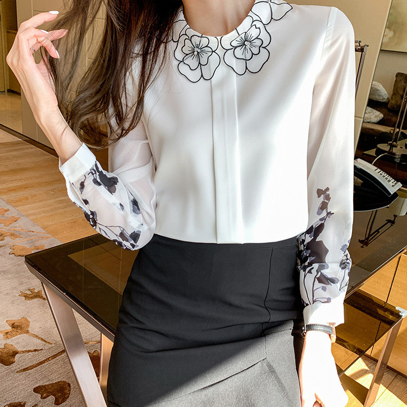 Elegant Floral O-Neck Long Sleeve Casual Tops