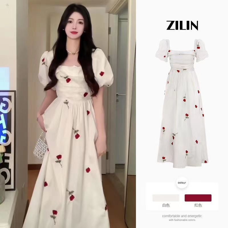 Korean Puff Sleeve Floral Long Dress
