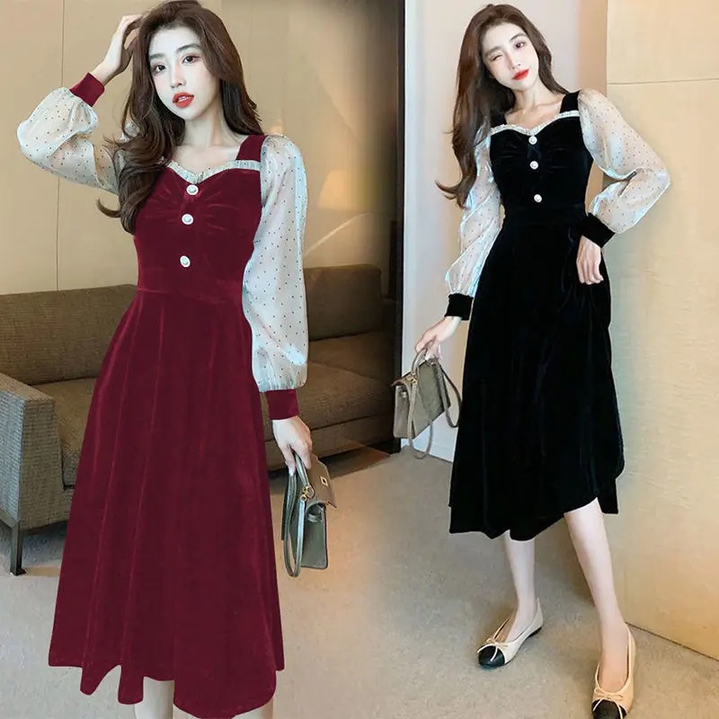 Elegant Fairy Long Sleeve Dot Print Party Dress