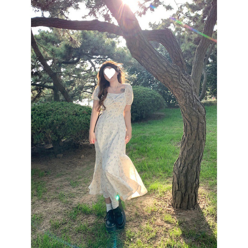 Korean Floral Folds Casual Midi Dress