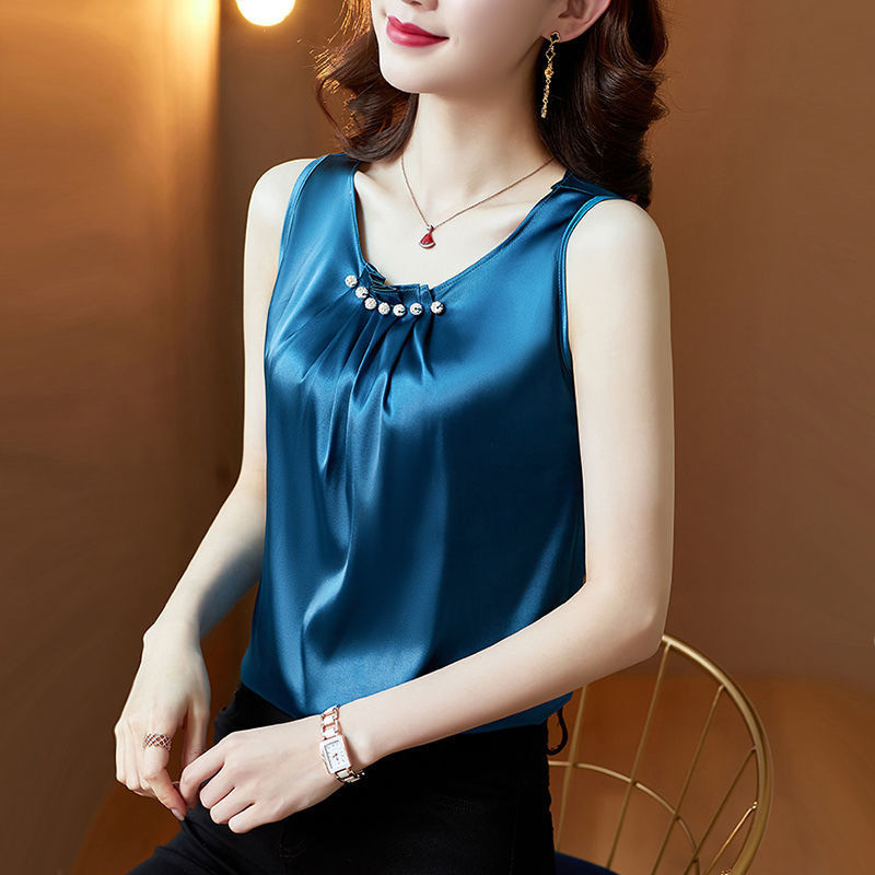 Elegant Pearl Stand Silk Tank Tops