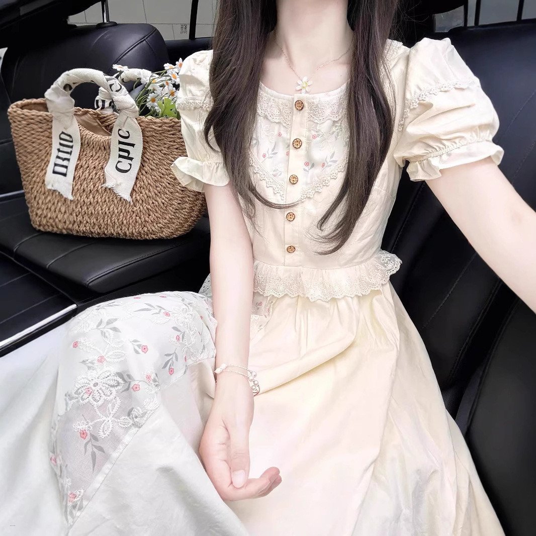 Kawaii Mori Girl Lace Flower Embroidery Long Dress