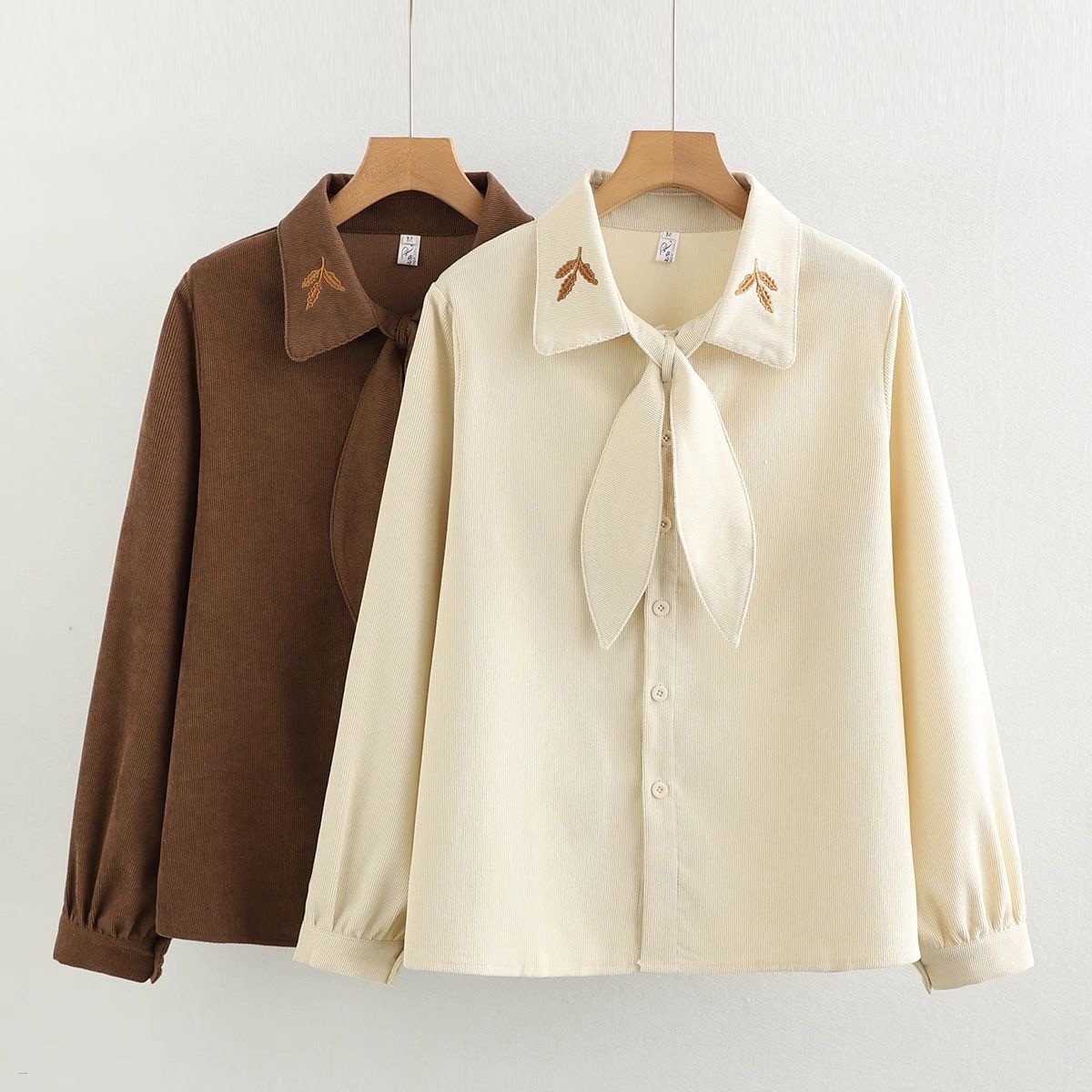 Women's Corduroy Shirt Rabbit Ear Bowtie Retro Apricot Long Sleeve Stylish Design Top