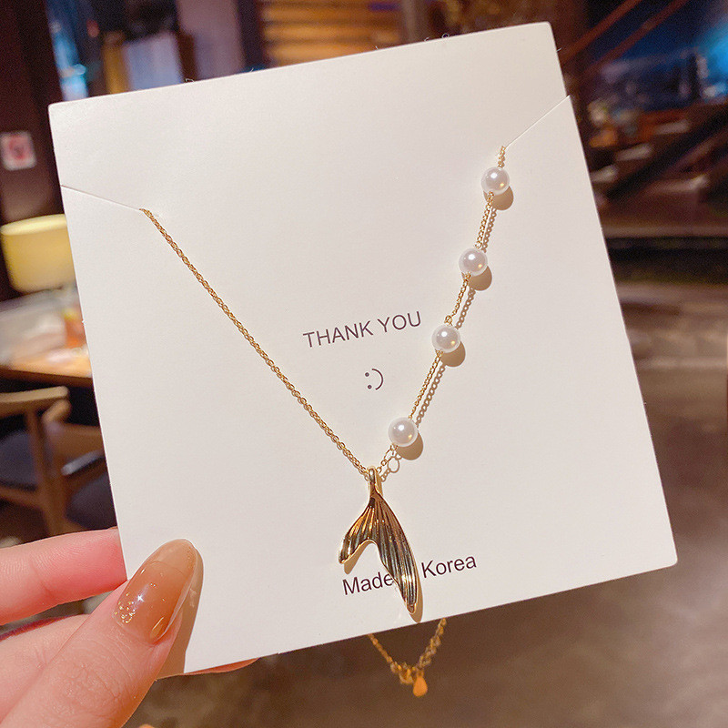 Korean Style Temperament Pearl Fish Tail Pendent Necklace