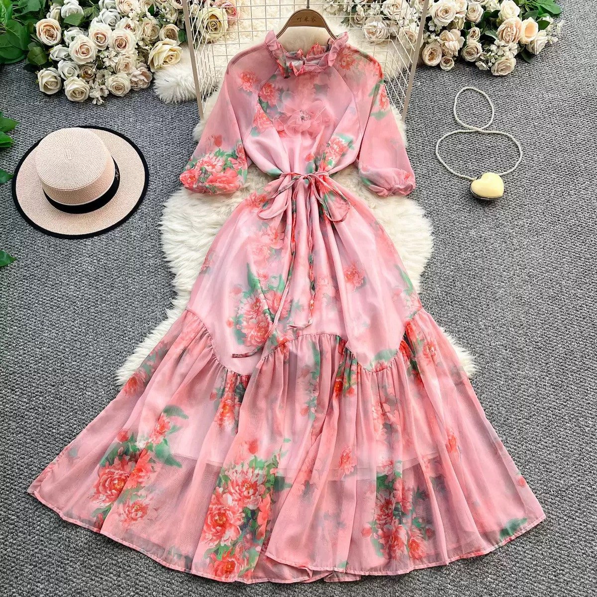 French Style Puff Sleeve Printed Slimming Princess Dress