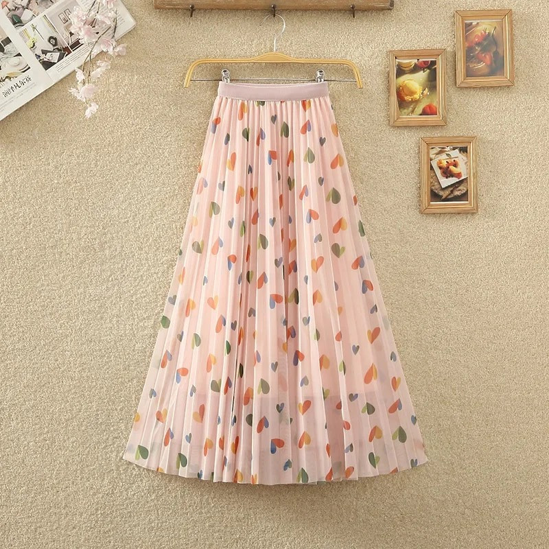 Summer Fashion Love Heart Print Mesh Tulle Skirt