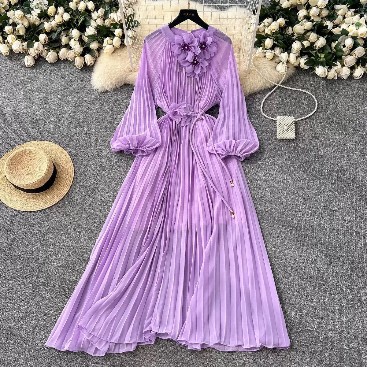 French Style Women Lace Up 3D Flower Femme Robe Loose Pleated Sweet Gentle Dress