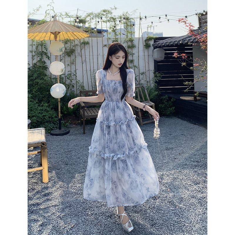Korean Style Squera Neckline Floral Fairy Dress