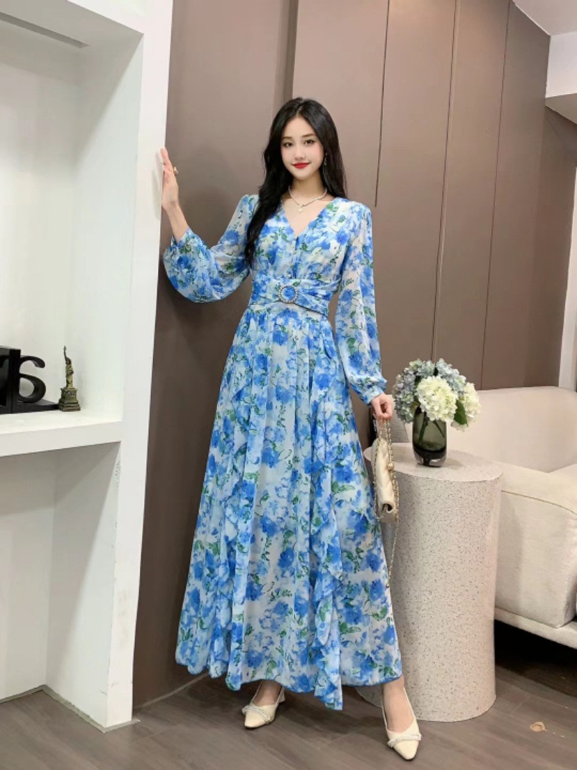 Elegant V Collar Nail Bead Floral Long Dress