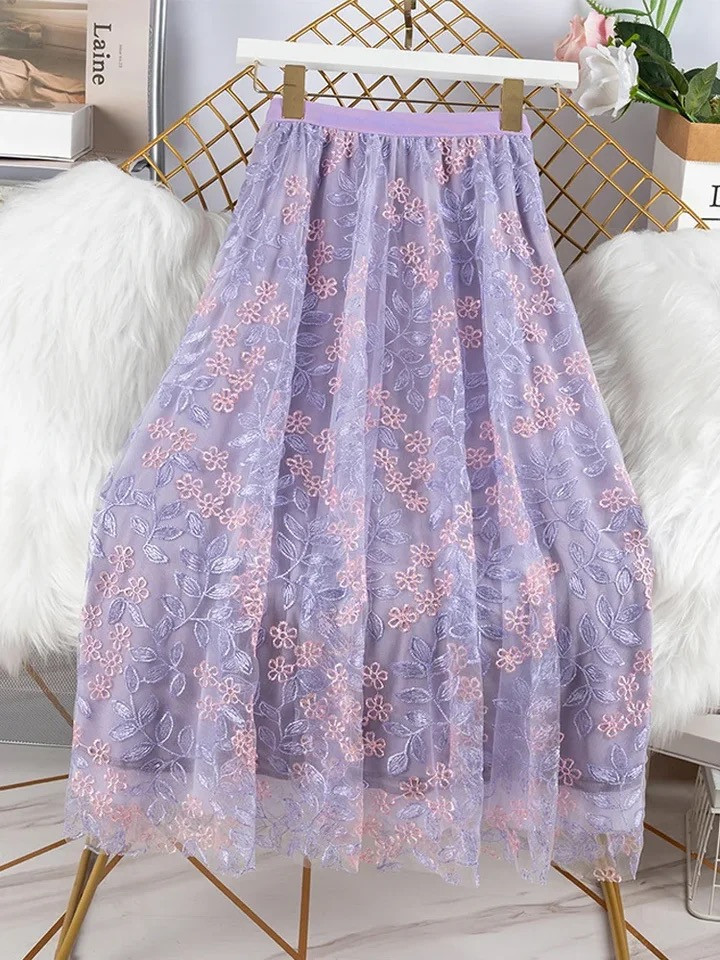 Purple Floral Embroidery Tulle Mesh Skirt