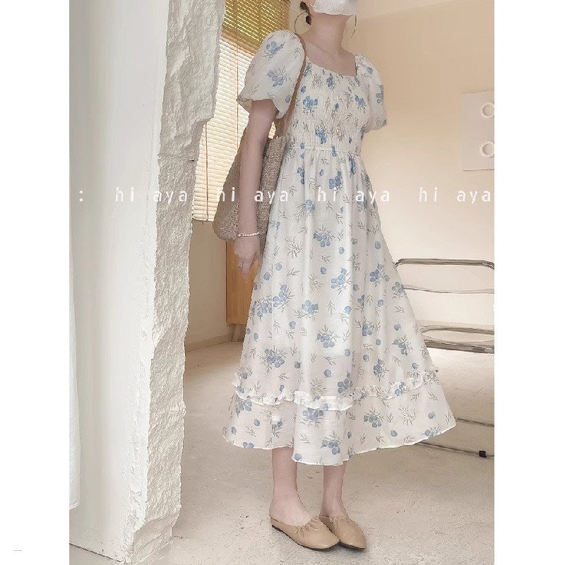 Elegant Blue Floral Beach Chiffon Dress