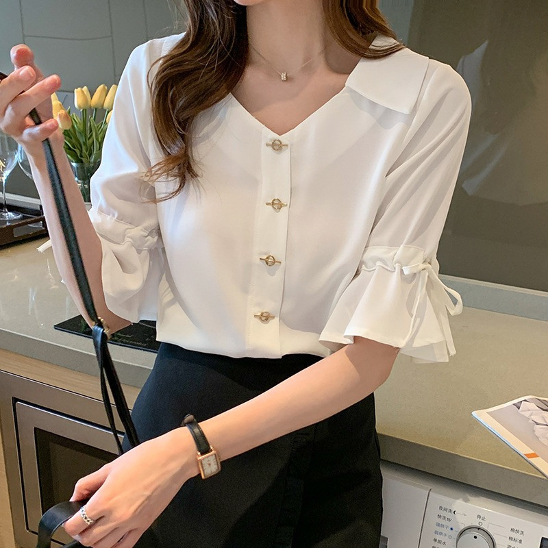 F.M.Y Flare Sleeve V-Neck Chiffon Shirt