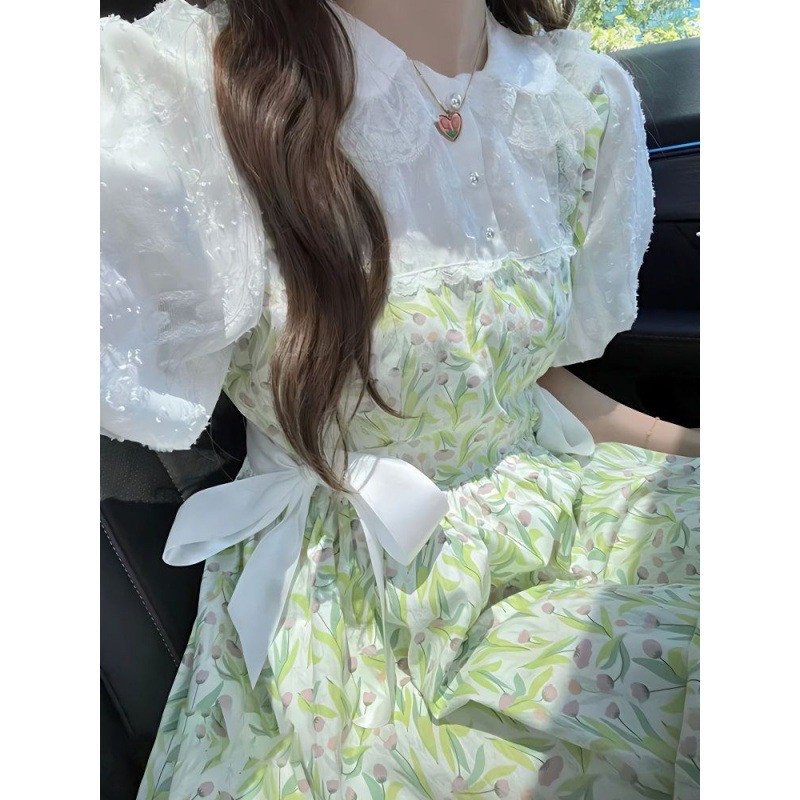Korean Style Kawaii Green Floral Summer Dress